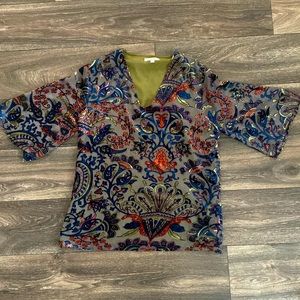 JADE Flutter Sleeve Blouse with Velvet Paisley Pattern | SIZE S